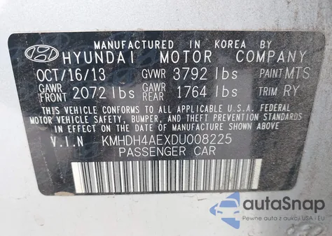 2013 Hyundai Elantra Limited z USA, uszkodzony, nr VIN KMHDH4AEXDU008225